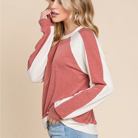 Emerald Tops - Soft Contrast Solid Long Sleeve Top in Rust/White